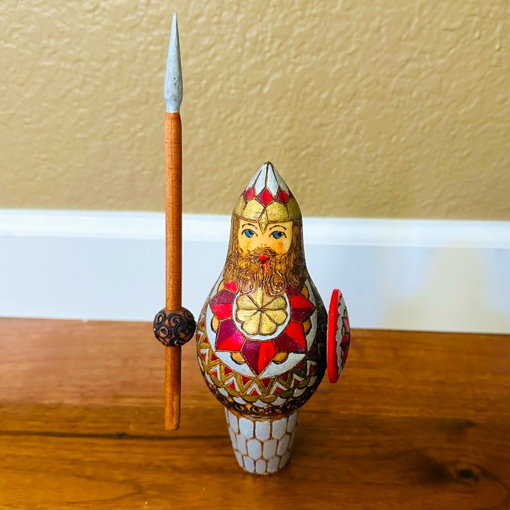 Vintage Carved Wood Viking Spear and Shield Nesting Doll Pyrography